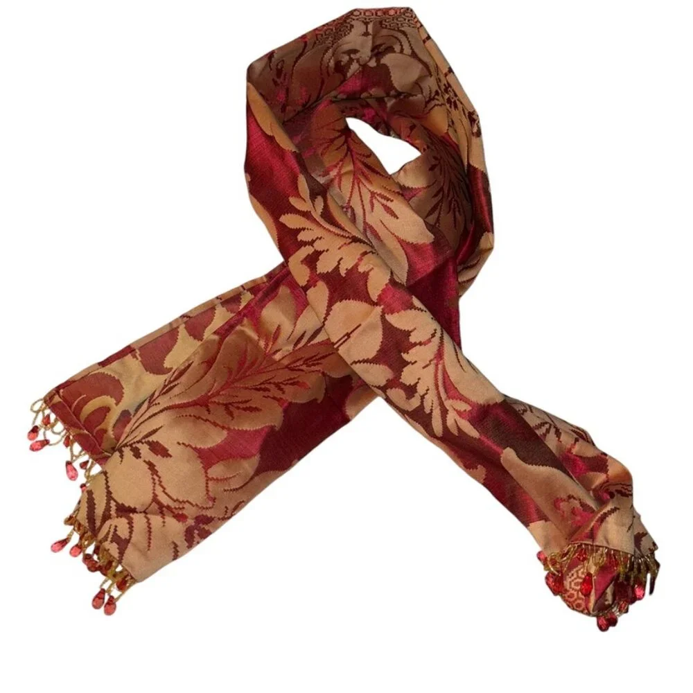 red gold HOLIDAY beaded trim shawl scarf table runner Christmas 12 x 48